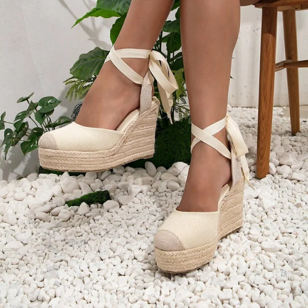 Apricot Boho Women's Vacation Tie Leg Design Espadrille Wedge Shoes